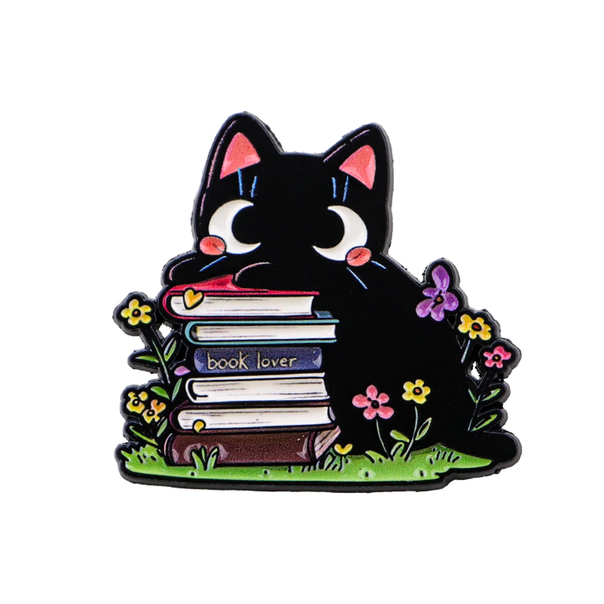 Pin de esmalte con diseño de gato sobre un jersey, ideal para amantes de los libros