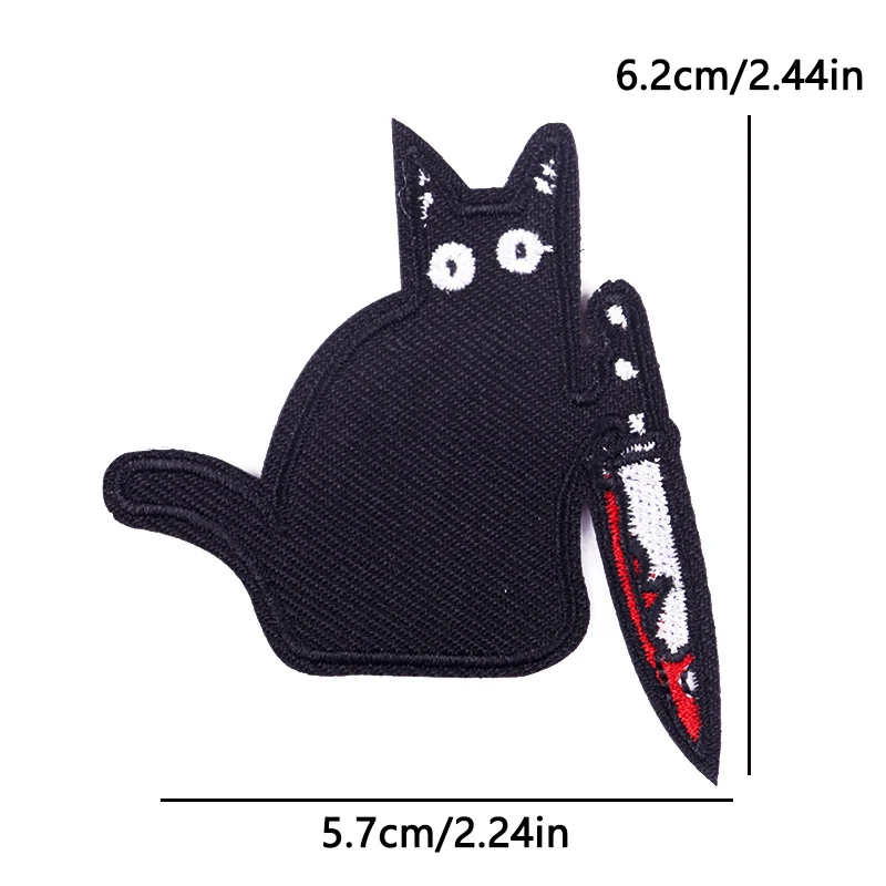 Parche bordado termoadhesivo gato negro con cuchillo gótico punk - imagen 3