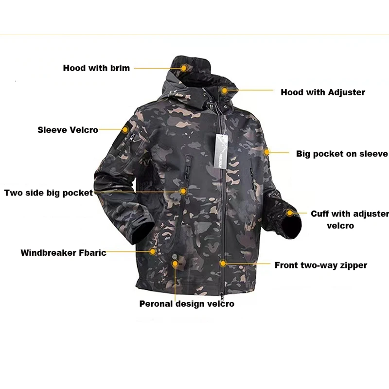 Chaqueta táctica softshell con capucha, camuflaje impermeable - imagen 5