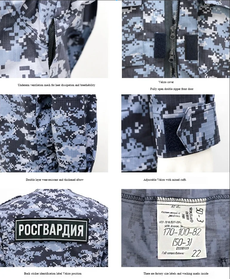 Detalle del estampado azul oscuro del uniforme de trabajo