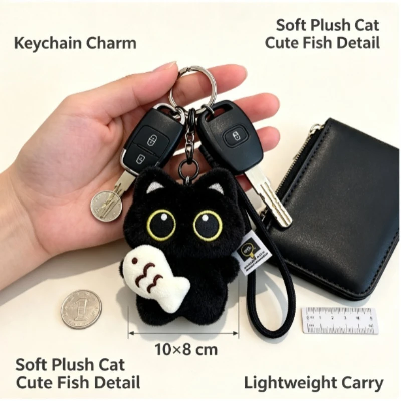 Llavero de peluche con gato negro, colgante kawaii para bolso - imagen 4
