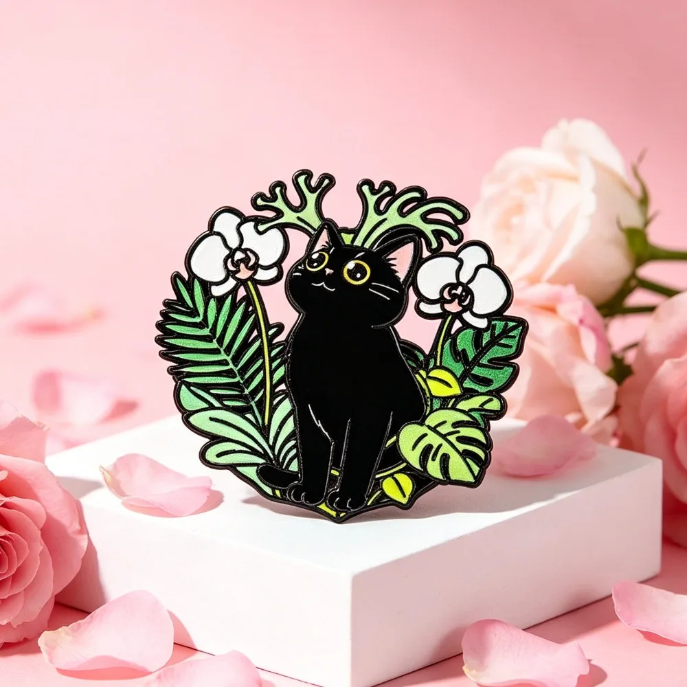 Broches esmaltados gato negro y flores – pines solapa mochila - imagen 2