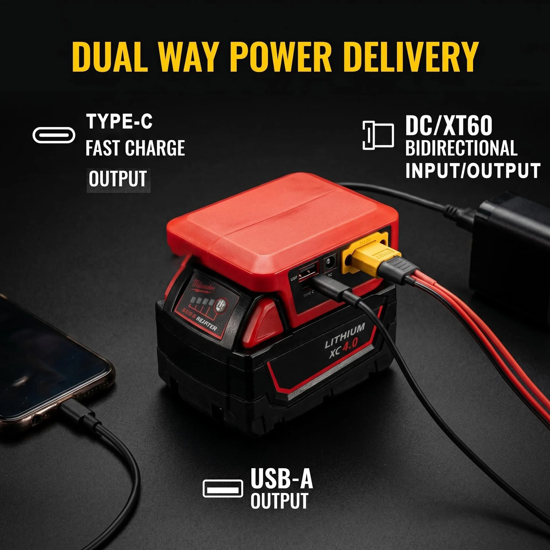 Adaptador USB tipo C para baterías Makita/Milwaukee/DeWalt, portátil - imagen 3