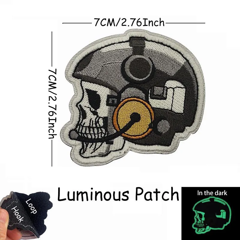 Parche táctico de calavera luminosa con diseño de soldado esqueleto