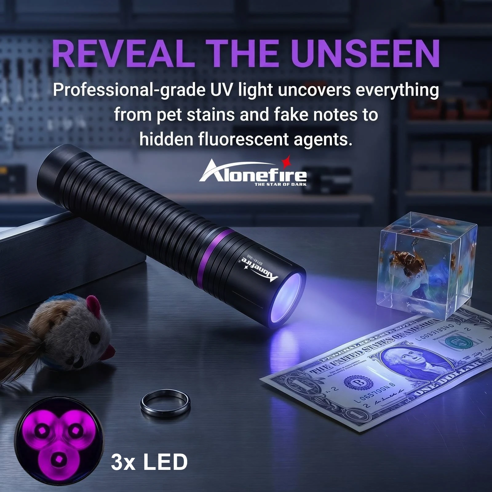 Linterna UV Alonefire recargable USB de luz negra para manchas