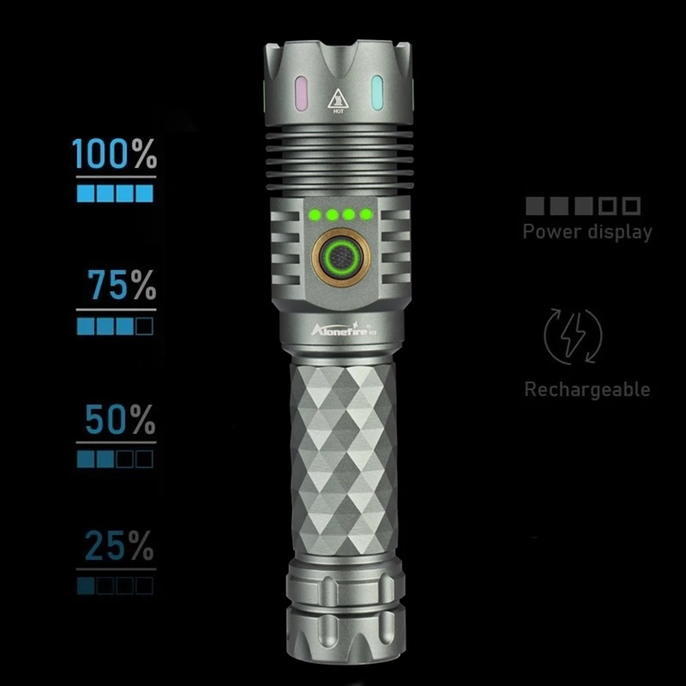Linterna LED táctica recargable USB con pantalla LCD senderismo