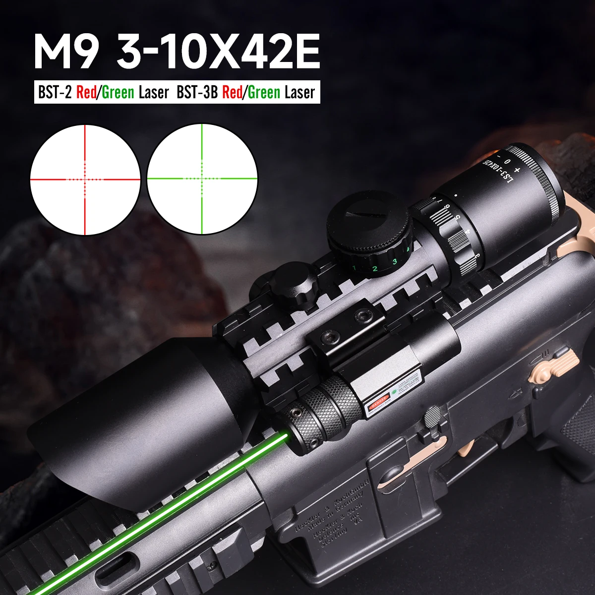 Cros mira táctica 3-10x42E con láser rojo y verde, riel 11 mm