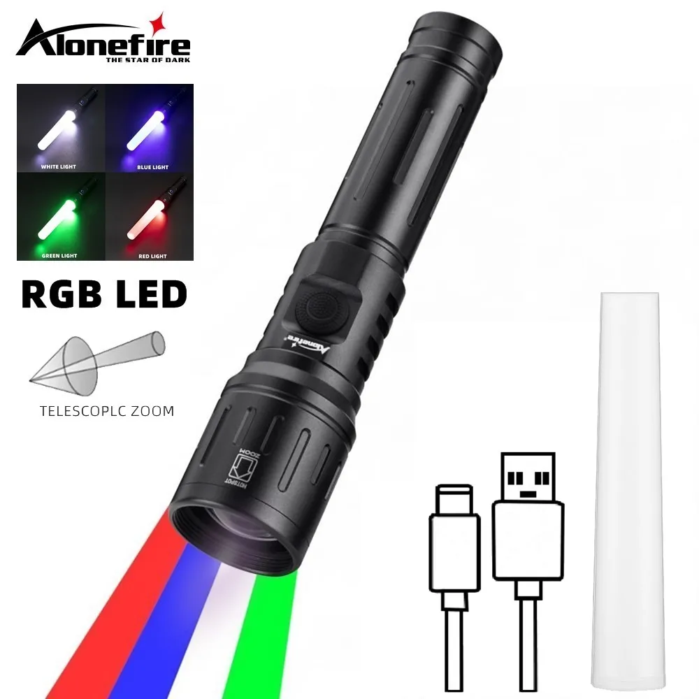 Linterna LED recargable USB zoom multicolor blanco rojo verde azul - imagen 3