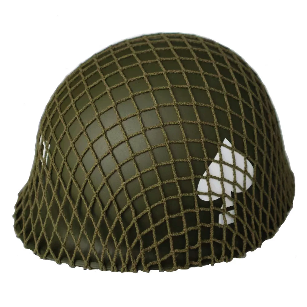 Casco WW2 M1 vista frontal mostrando el patrón de melocotón