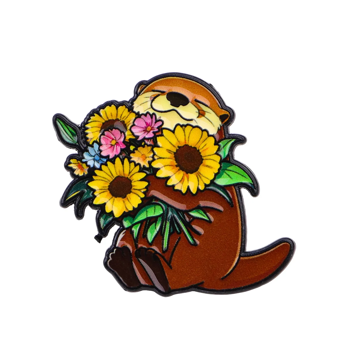 Pin esmalte nutria y girasoles – Broche metálico para ropa y sombrero - imagen 5