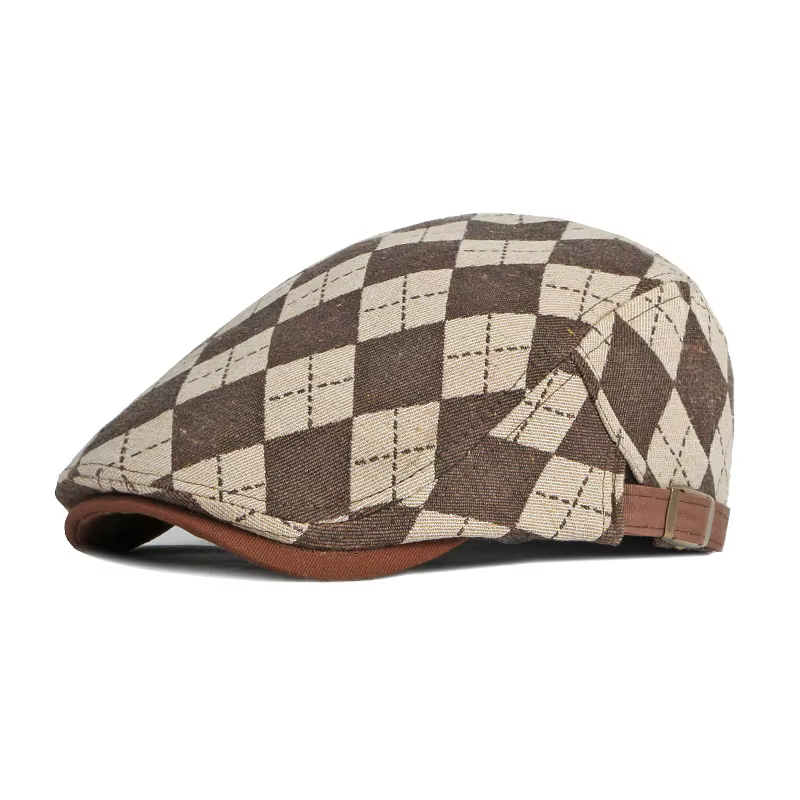 Gorra plana taxista a cuadros retro en espiga, visera