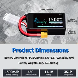 TERANTY Batería Lipo 1500mAh 45C XT30/XT60 T-Deans para Drones RC