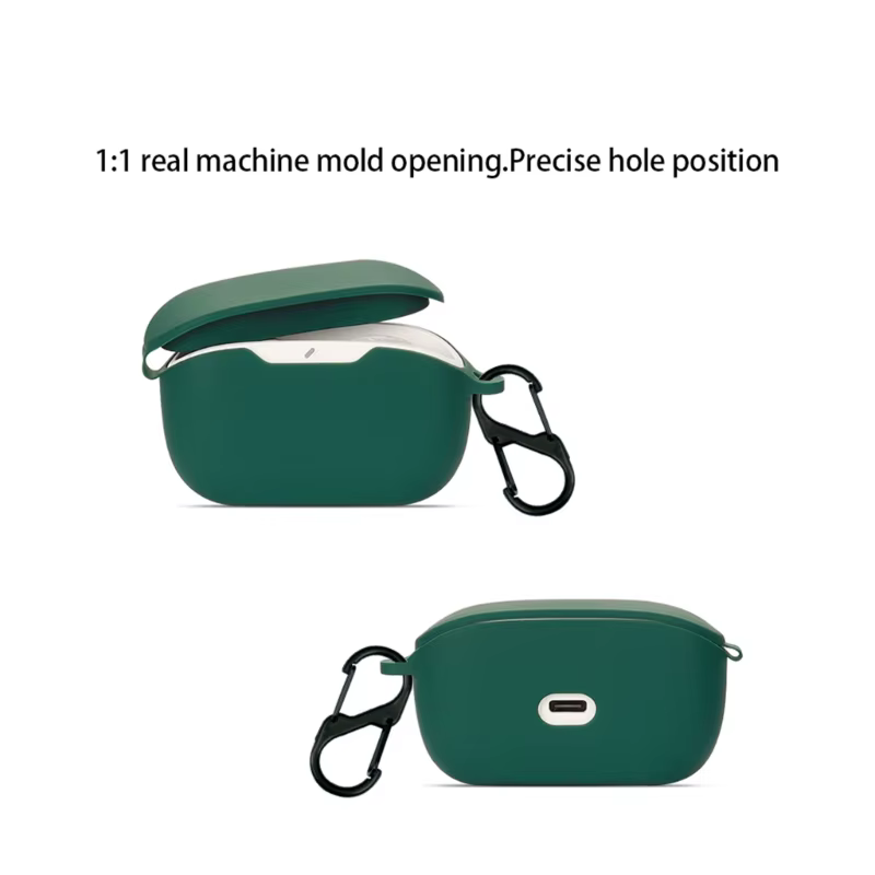 Funda verde oscuro al lado del estuche de carga abierto