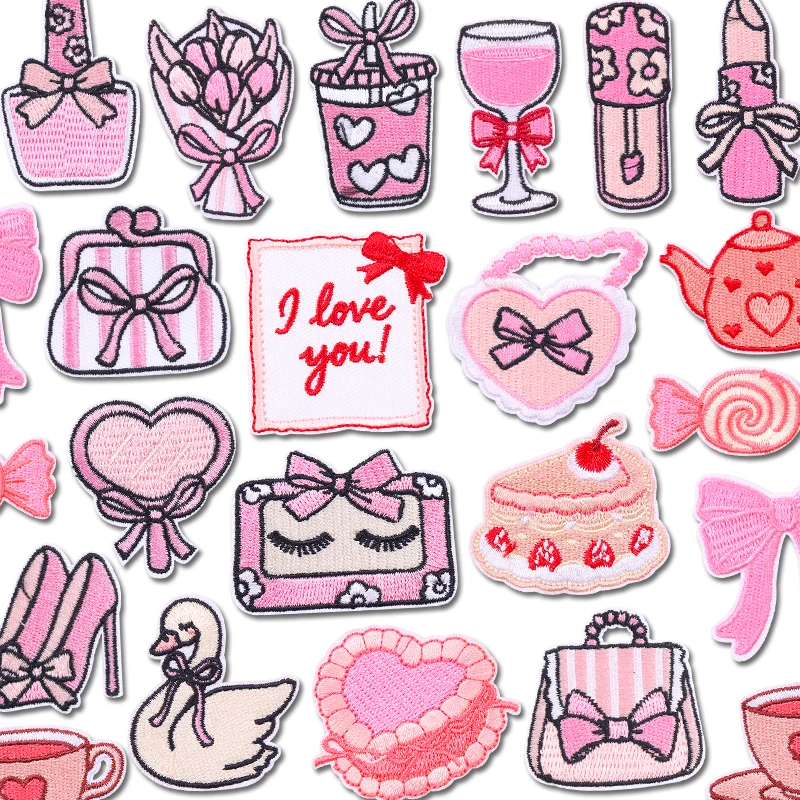 Parches termoadhesivos bordados corazón rosa lazo y labial para gorra - imagen 3