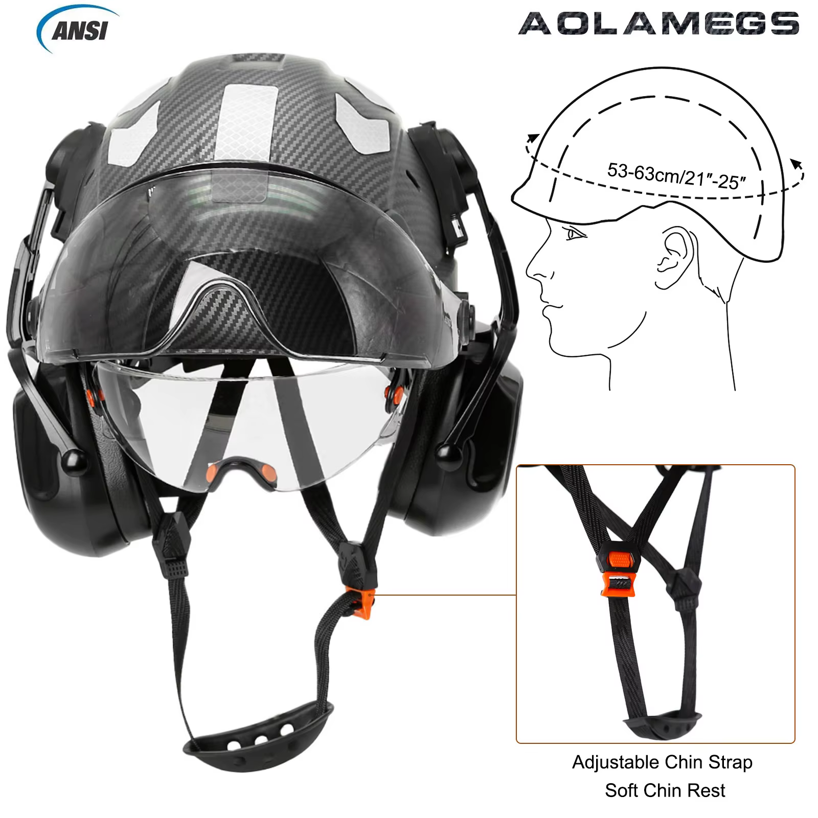 Casco de seguridad con patrón de carbono, gafas y orejeras