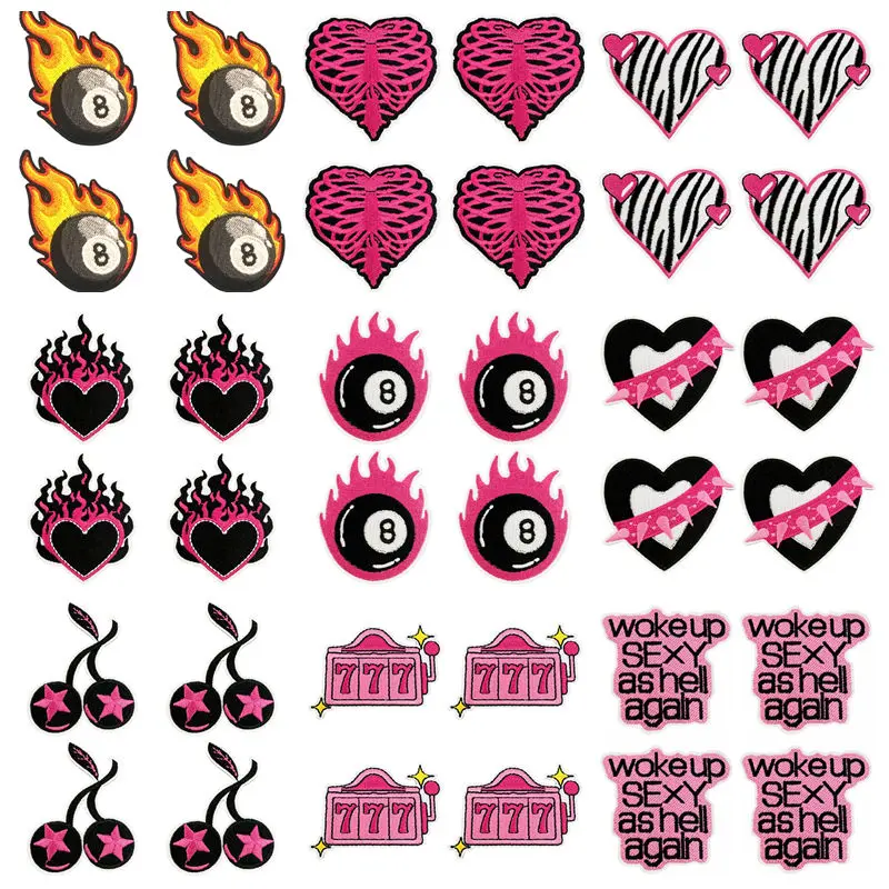 Parches bordados estilo punk Y2K con diseño bola de billar y corazón de cereza
