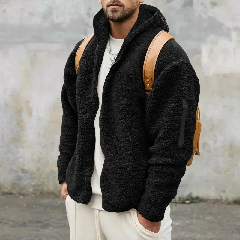 Chaqueta polar con capucha hombre – Térmica forro mullido cortavientos