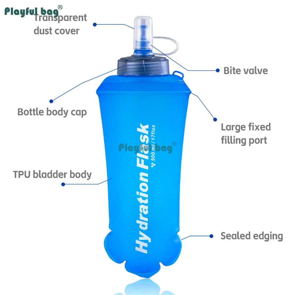 Botella de agua plegable TPU para rutas, correr y ciclismo