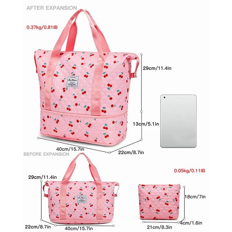 Bolso grande con estampado de fresa y cereza sobre fondo claro