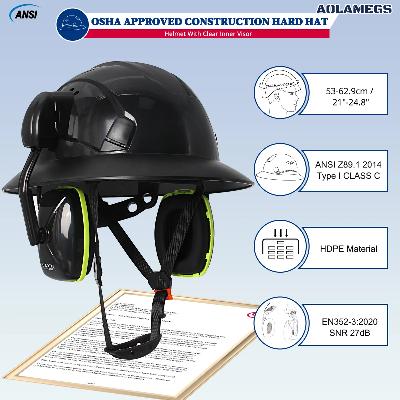 Casco de seguridad con ala completa y orejeras