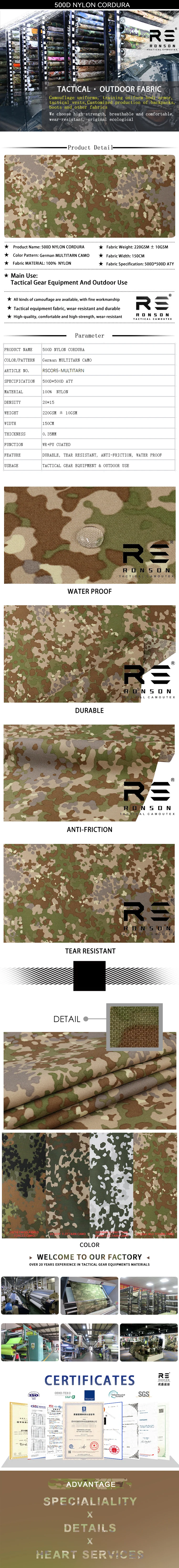 Cordura de nailon 500D multitarn alemán con revestimiento de PU
