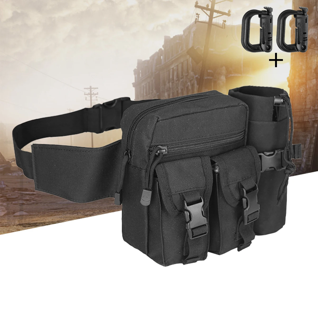 Bolsa de cintura táctica MOLLE con portabotellas y anillas en D