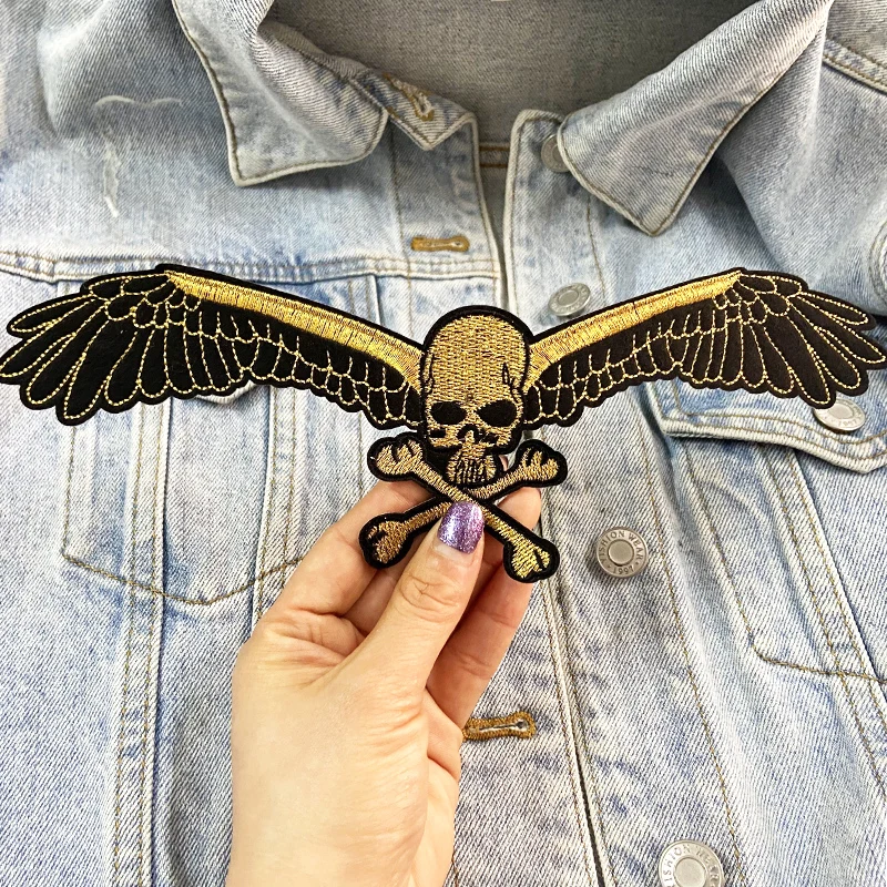 Parche bordado motociclista Punk alas calavera – Chaqueta vaquera - imagen 2