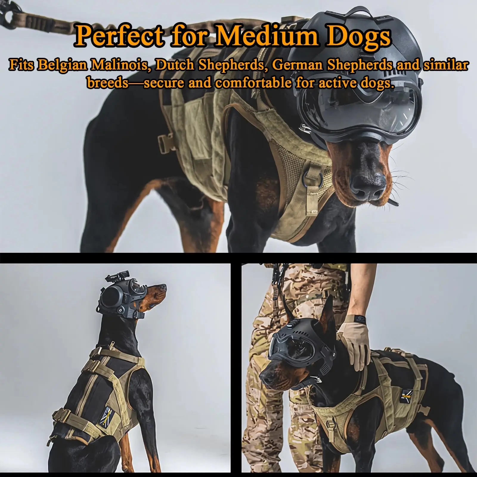Casco táctico para perros ajustable con orejeras y gafas Malinois - imagen 4