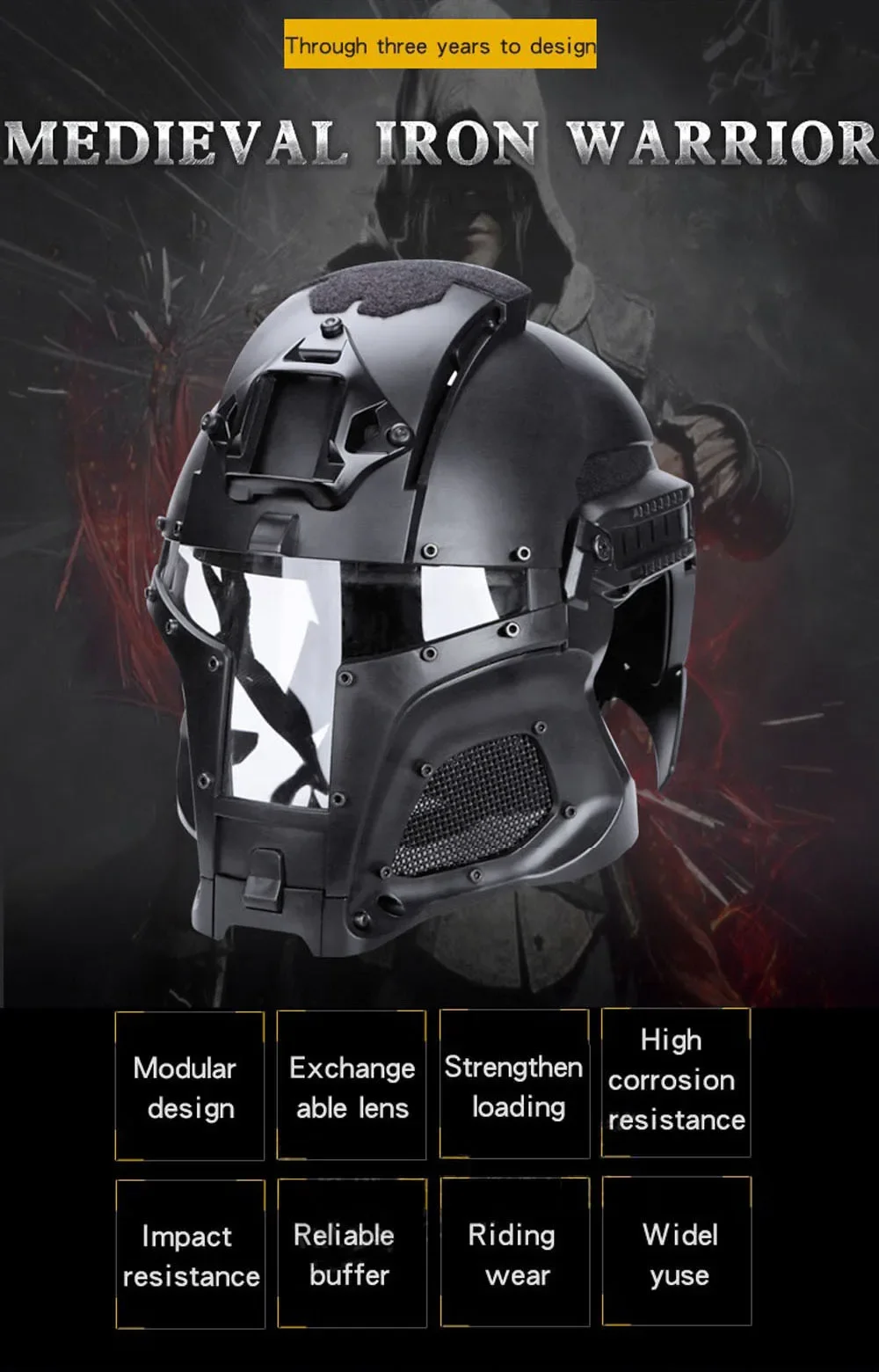 Casco táctico Medieval Iron Warrior vista frontal con lente de policarbonato