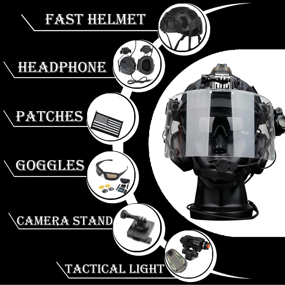 Casco táctico Airsoft Bump con auriculares, linterna y gafas abatibles - imagen 5