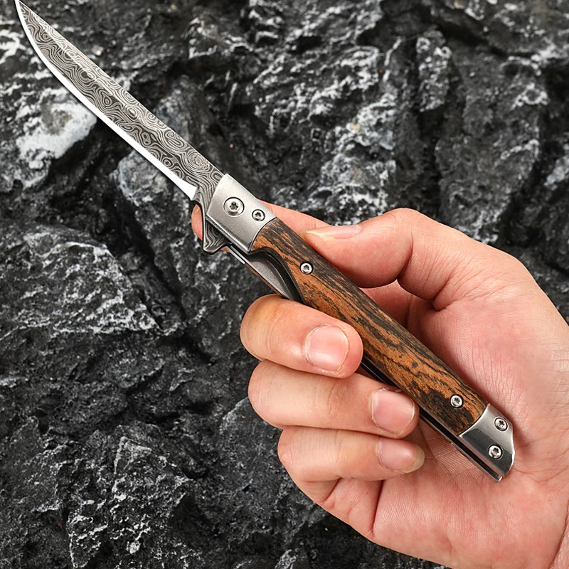 Cuchillo plegable damasco multiuso para acampar, apertura rápida - imagen 5