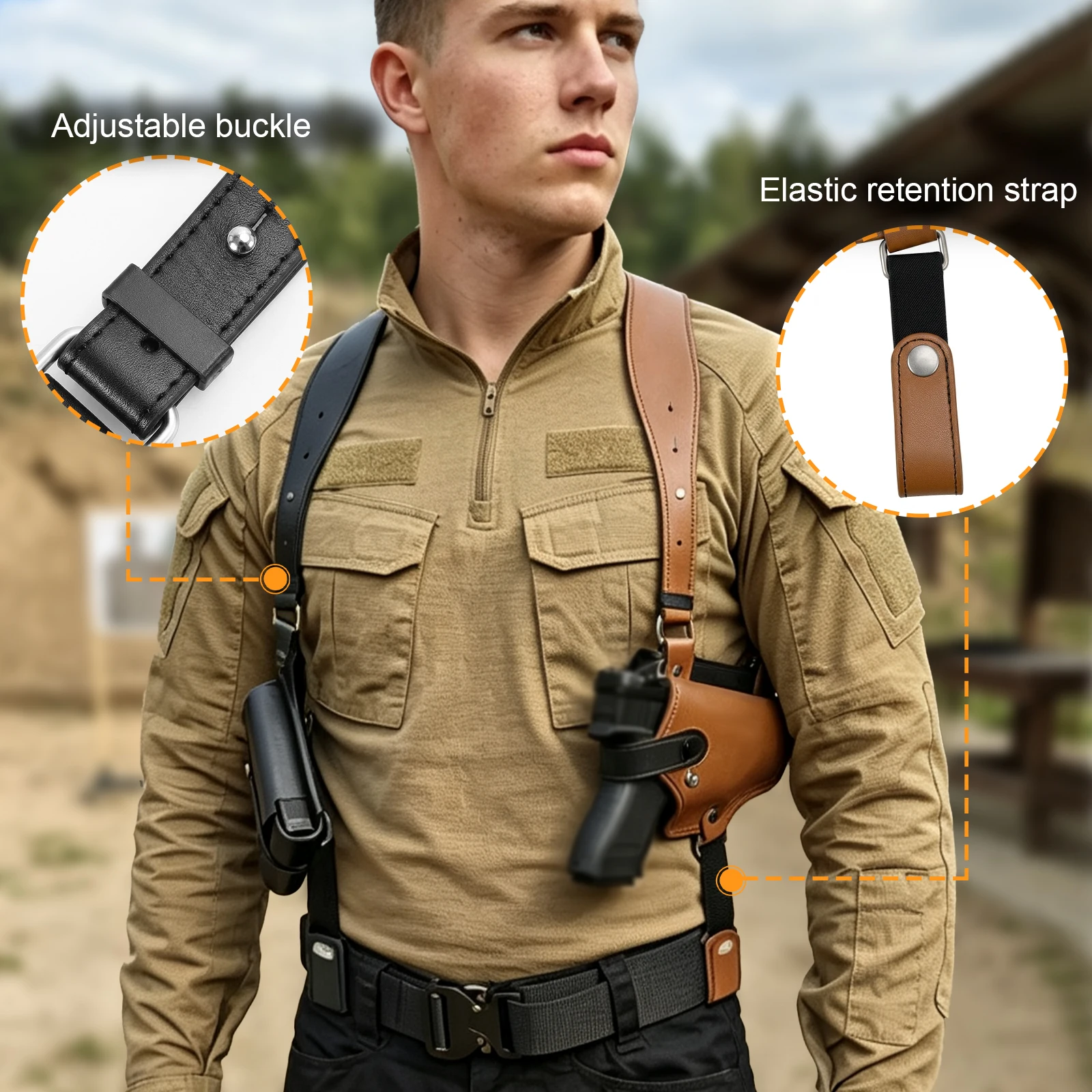 Funda hombro táctica pistola cuero PU doble cargadores - imagen 5