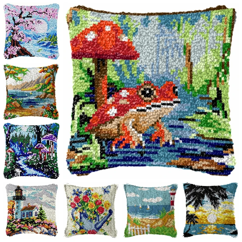 Kit de bordado con gancho pestillo setas y paisaje para almohadas - imagen 5