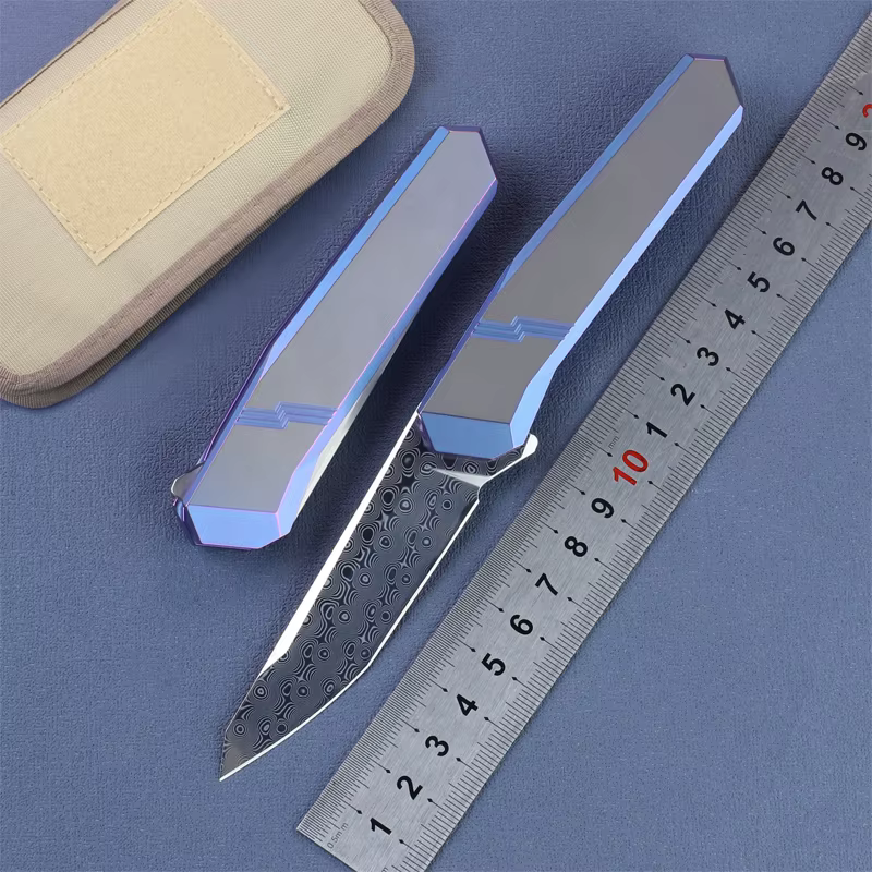 TBEKETEN Cuchillo táctico M390 damasco con mango titanio azul - imagen 4
