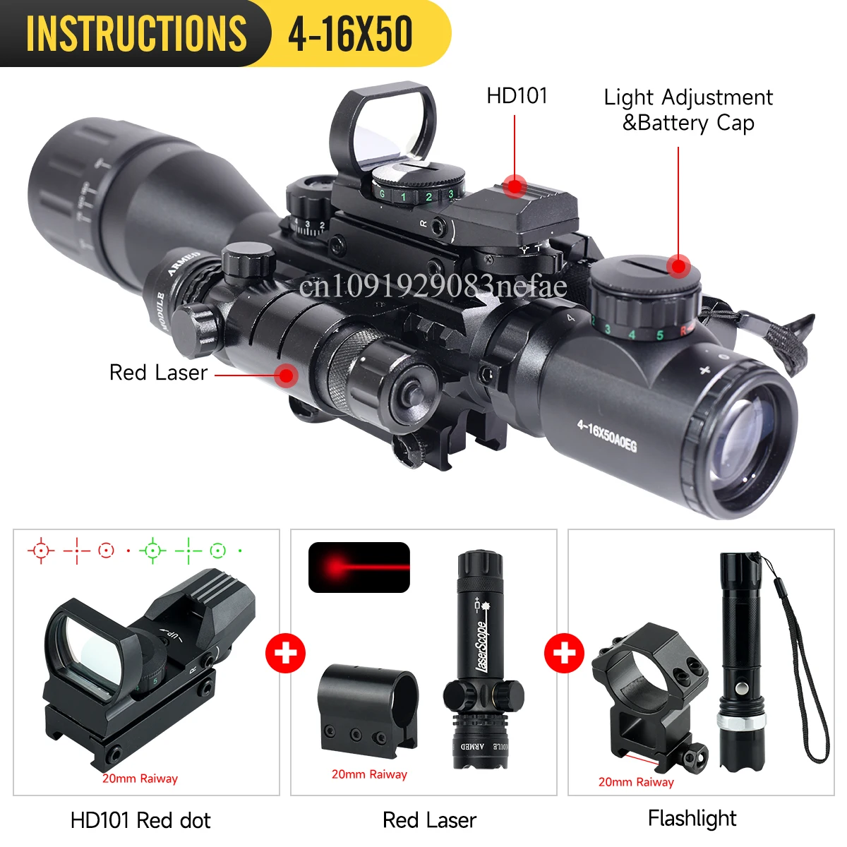 AOEG visor táctico rifle con retículas punto rojo, láser y linterna