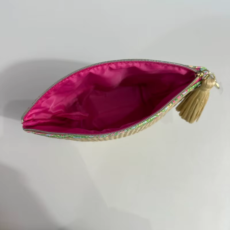 Bolso cosmético de tejido con cremallera, borla y portátil pastoral