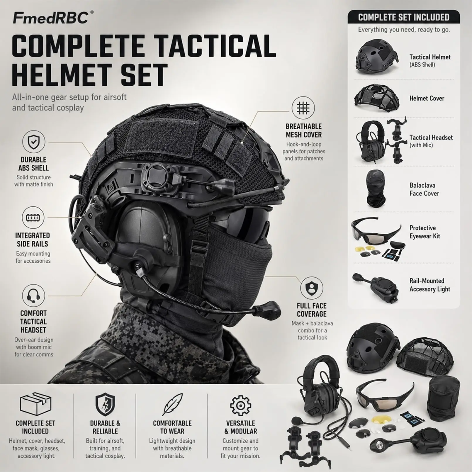 Casco táctico FAST ajustable para airsoft con máscara y luz - imagen 3