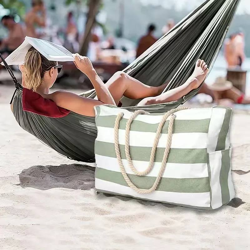 Bolsa playa algodón rústico rayas, hombro portátil para viaje - imagen 3