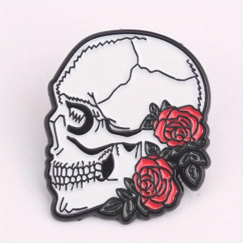 Pin esmaltado calavera gótica con rosa carmesí y detalles hueso - imagen 5