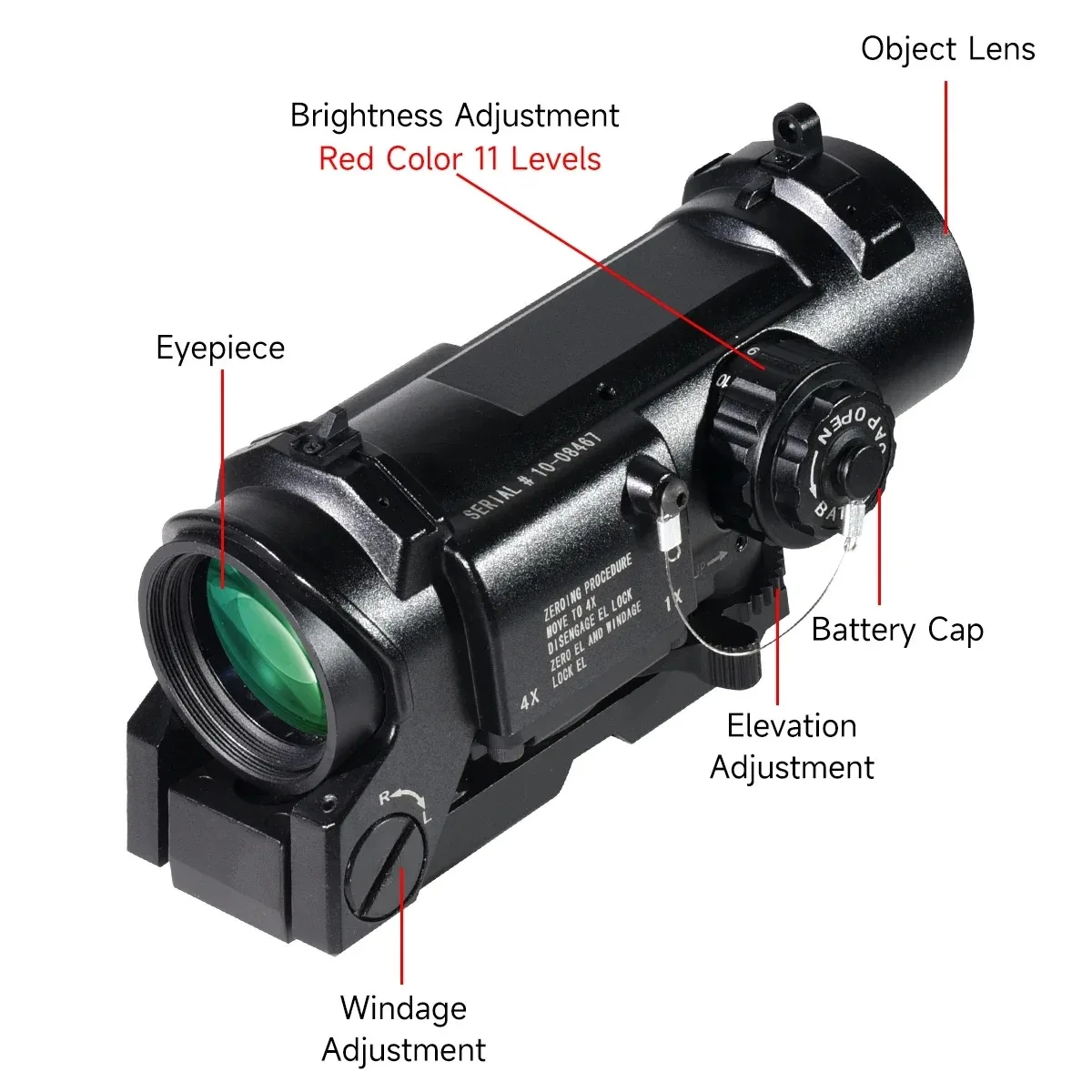 Mira Táctica DR 1-4x Retícula Roja Iluminada Riel Picatinny - imagen 2