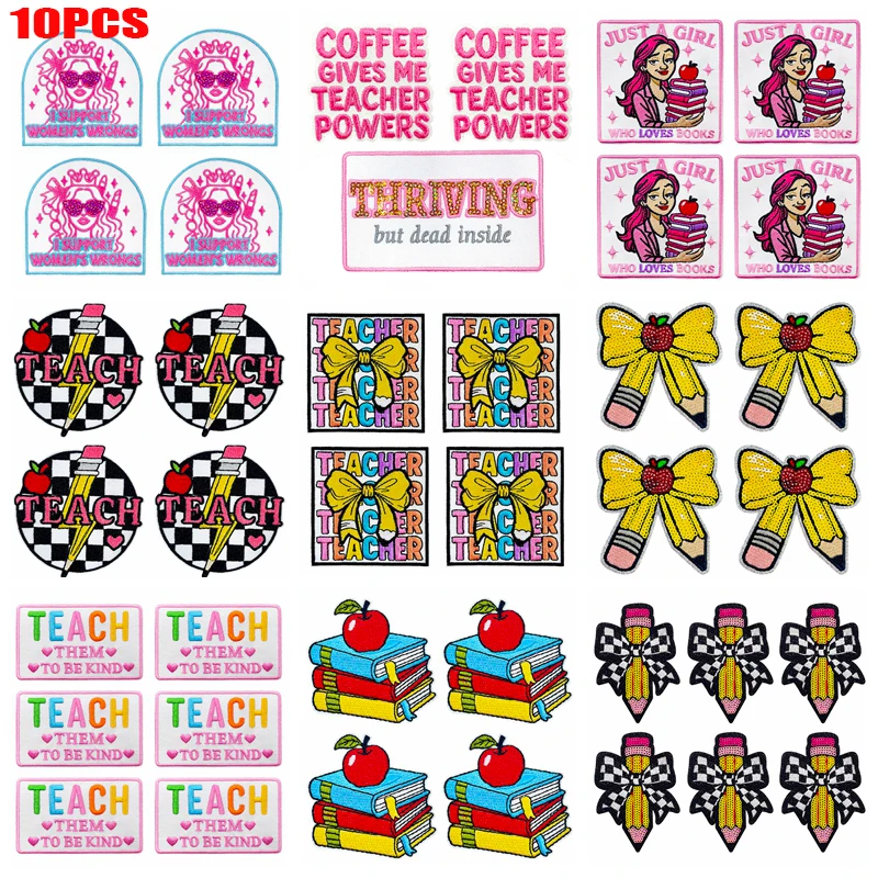 Parche termoadhesivo bordado Teach Pink lápiz y pajarita para ropa