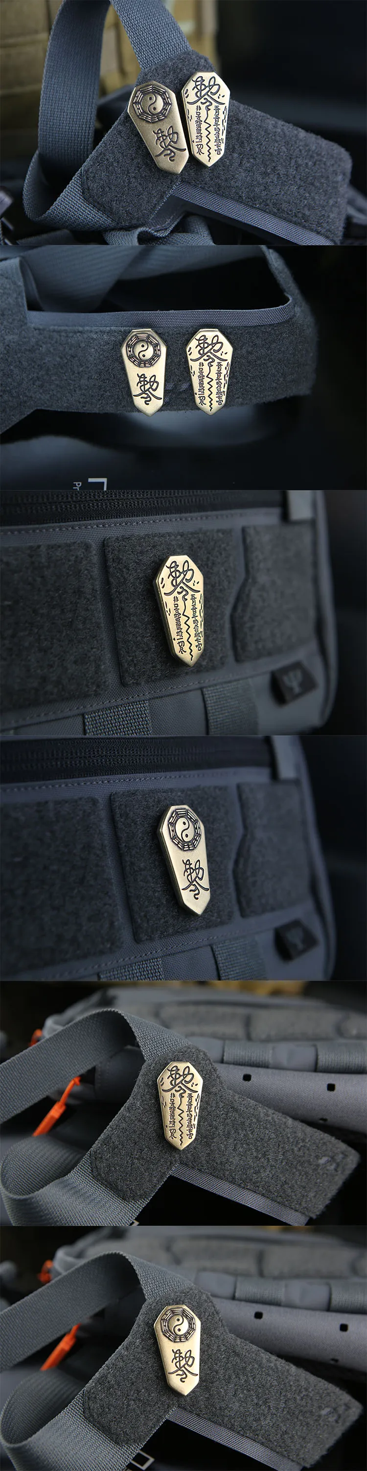 Parche táctico de metal con diseño geomántico vista frontal