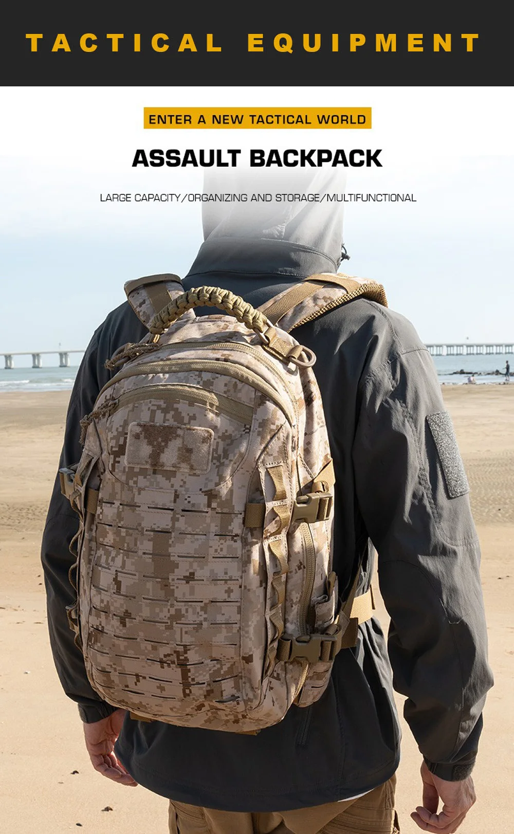 Mochila táctica 25L con sistema MOLLE y compartimentos