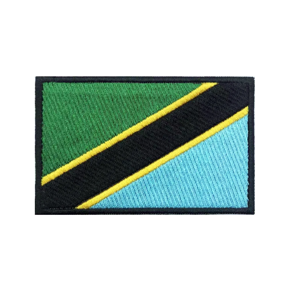Parches de bandera de Tanzania con detalle del bordado y opciones de fijación
