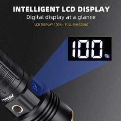 Linterna táctica LED recargable USB con pantalla LCD, alta potencia