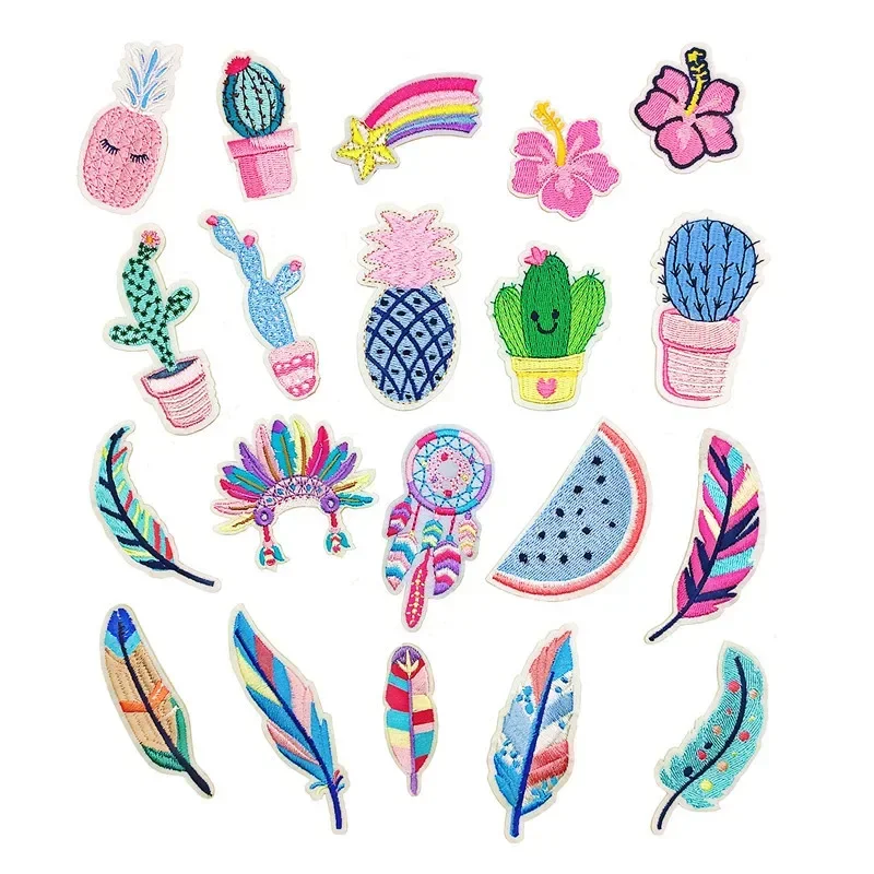 Parches bordados bohemios cactus en maceta rosa y plumas coloridas - imagen 4