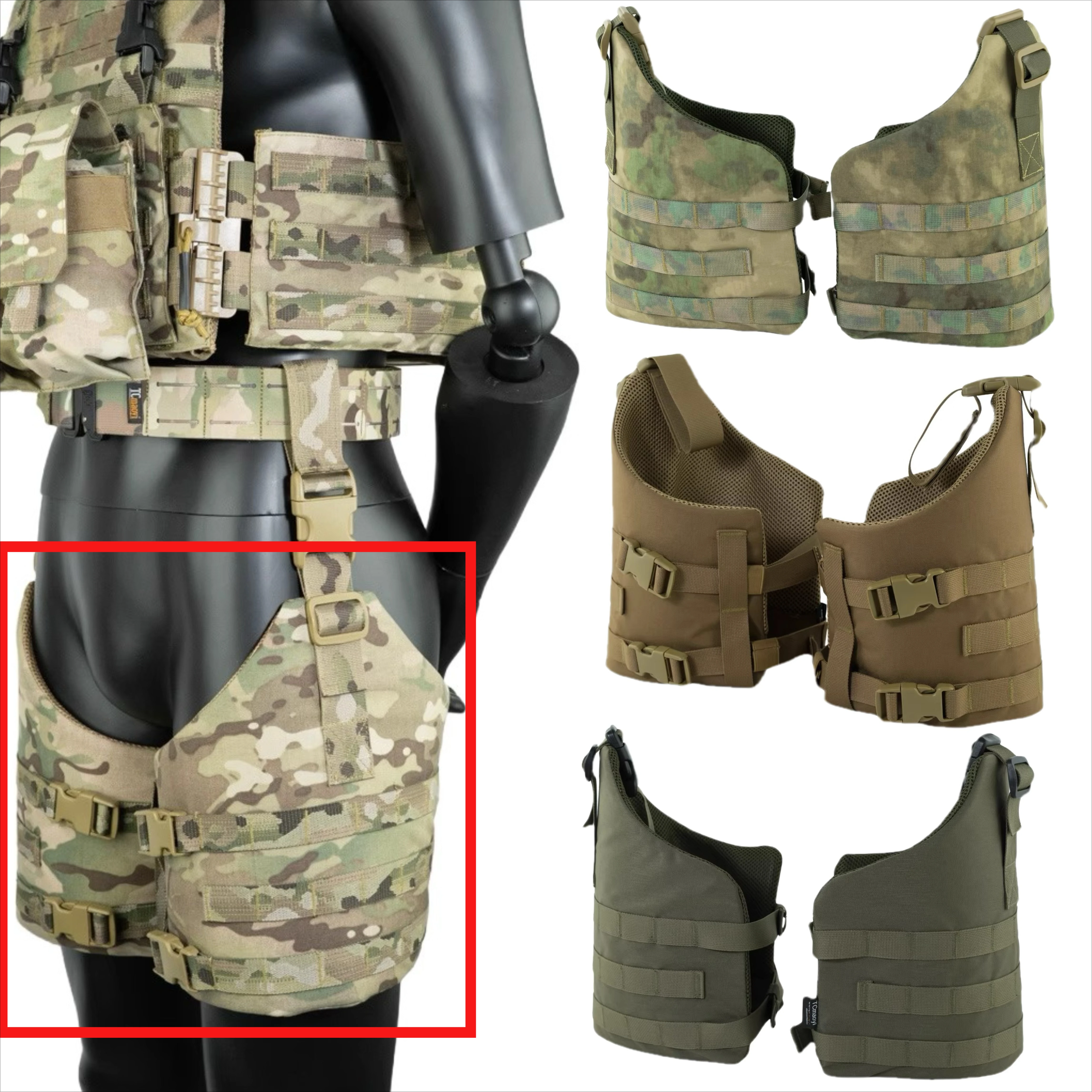 Tablero colgante táctico MOLLE para piernas visto desde diferentes ángulos