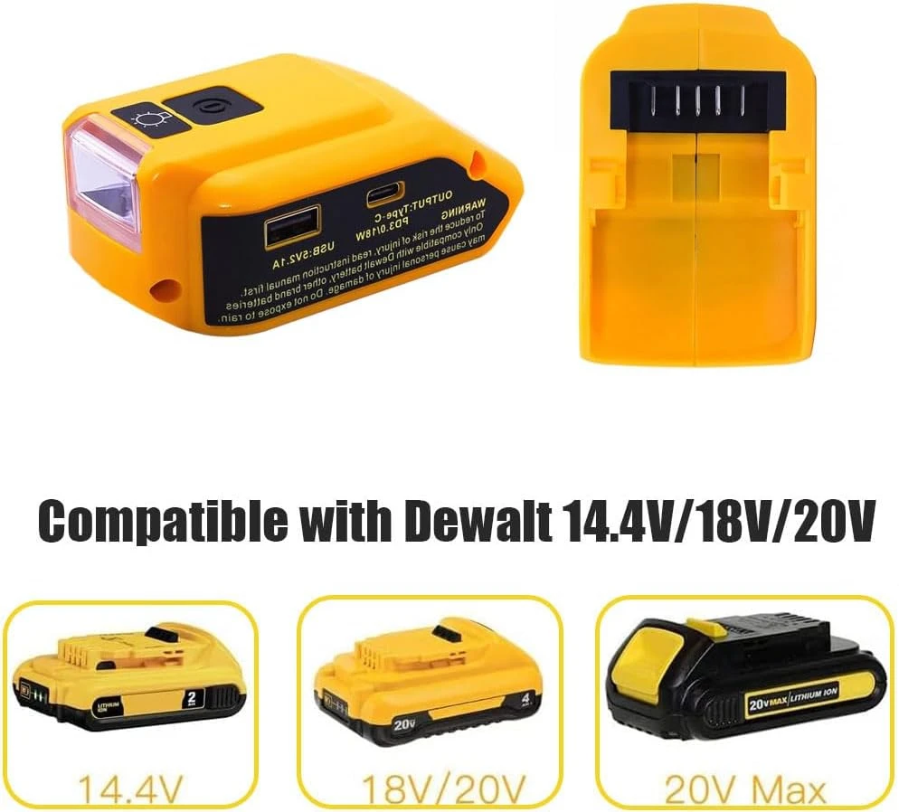 Dewalt cargador USB-C dual con adaptador CC y luz LED portátil