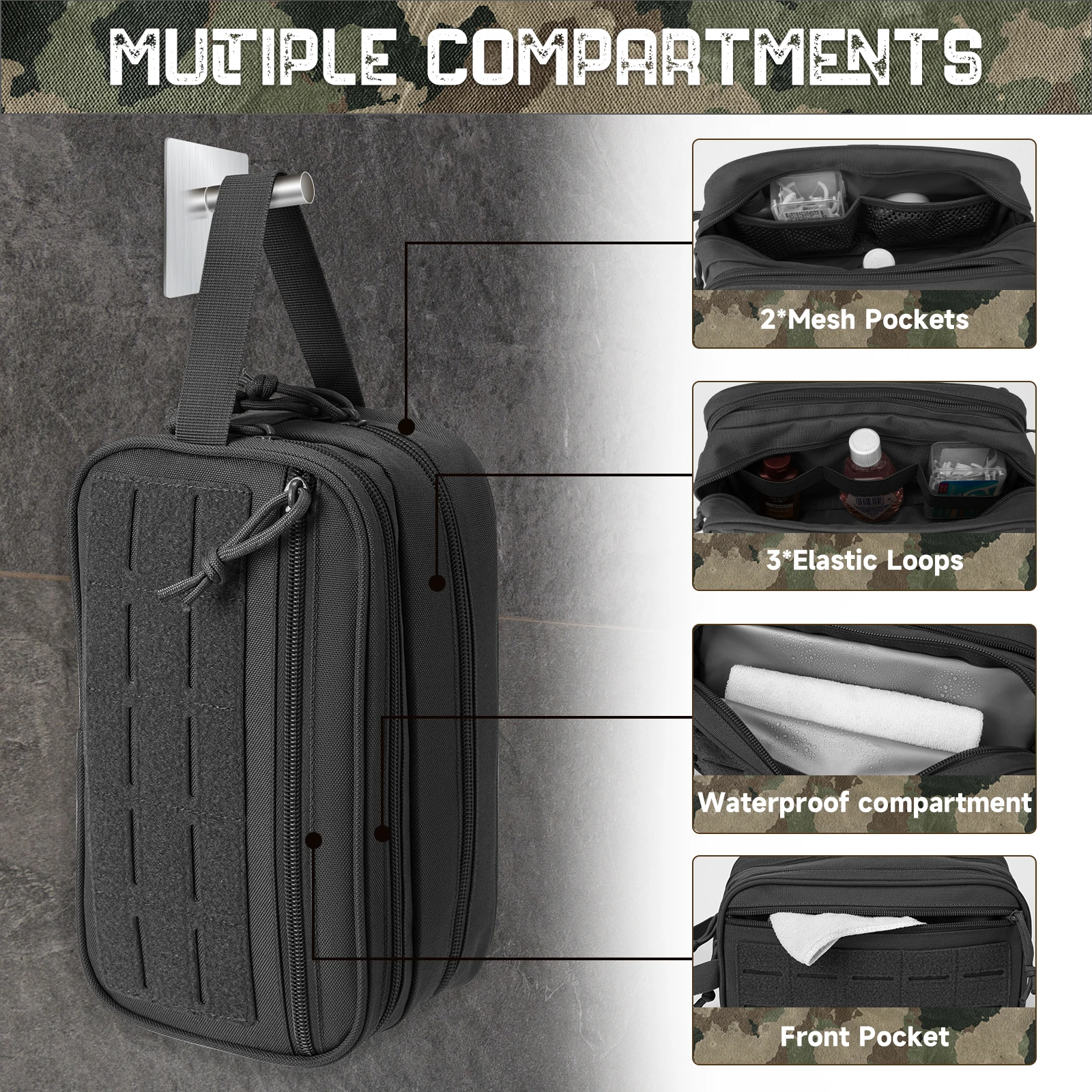 Neceser táctico hombre MOLLE para viaje afeitado e higiene