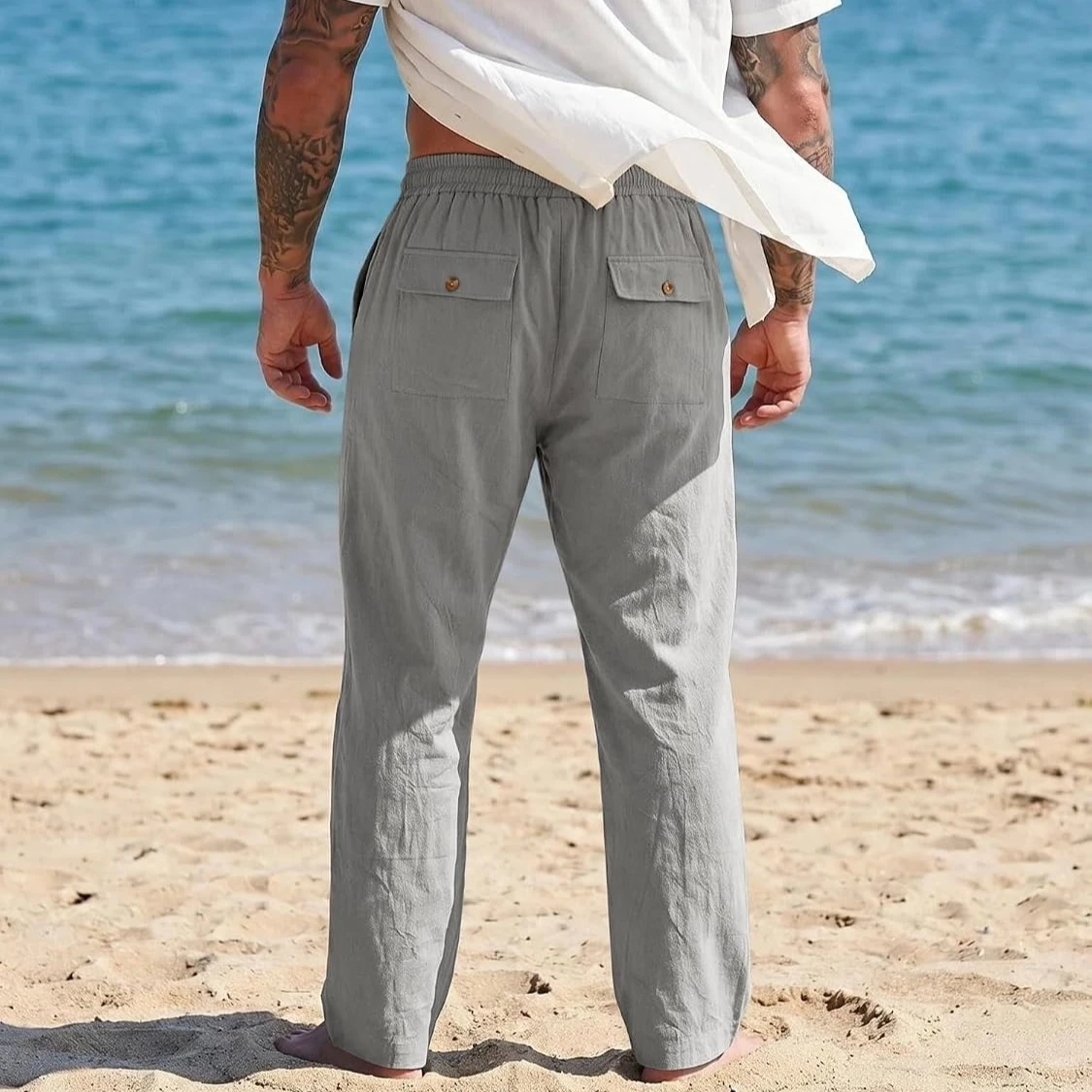 Pantalón de lino para hombre, holgado y ligero con cordón - imagen 4